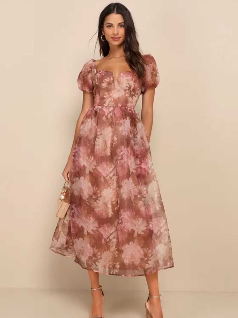 Lulu’s Light Brown Floral Organza Tie-Back Midi Dress Size Medium